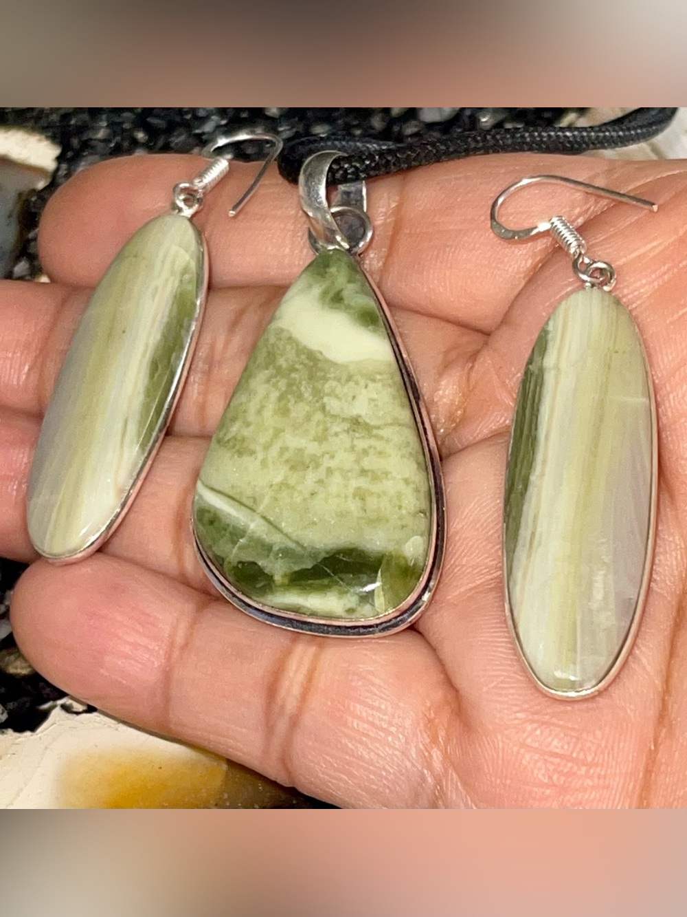 Petrified Green Larsonite Crystal Pendant & Earrings Set